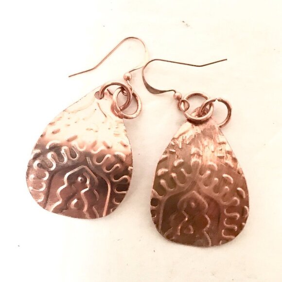 Tear Drop Baroque Embossed Solid Copper Earrings - Picture 2 of 6